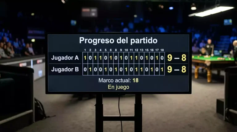 Marcador de snooker mostrando progresión de frames en partido largo