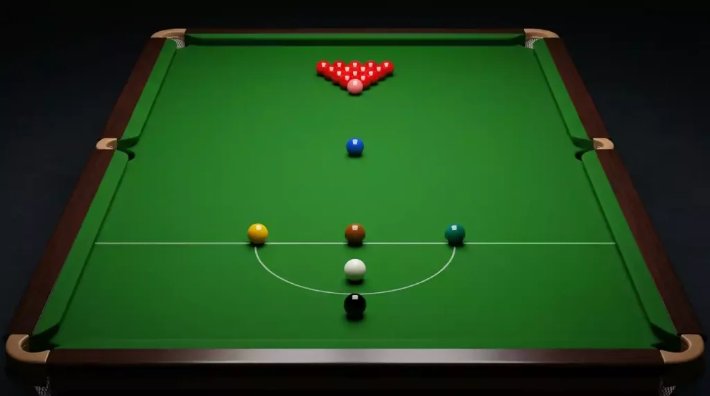 Mesa de snooker al inicio de un frame con bolas en posición de salida