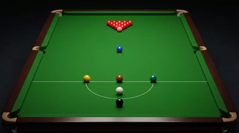 Mesa de snooker al inicio de un frame con bolas en posición de salida