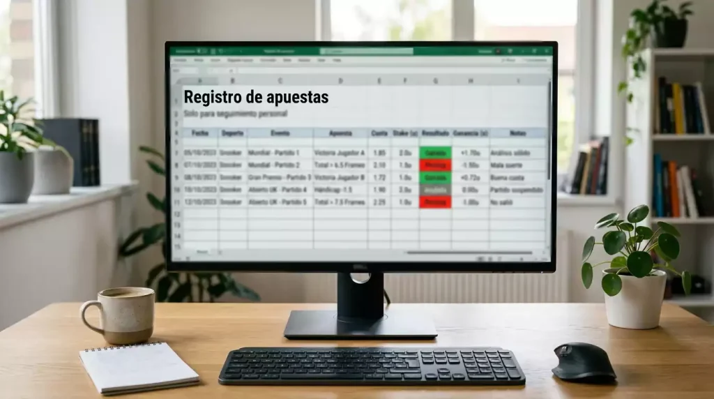 Hoja de cálculo con registro detallado de apuestas de snooker