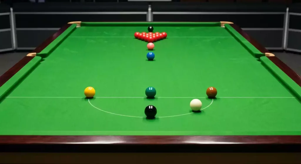 Mesa de snooker profesional con bolas de colores en posición inicial