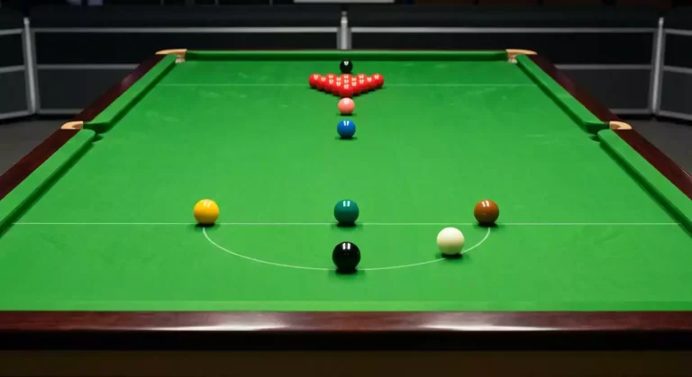 Mesa de snooker profesional con bolas de colores en posición inicial