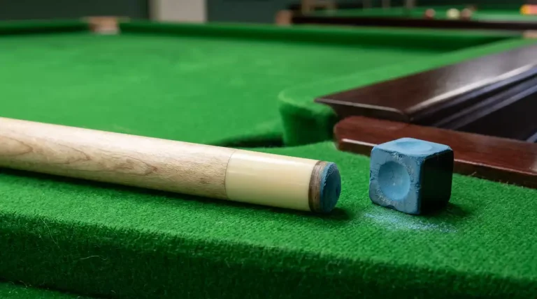 Taco de snooker profesional en posición de tiro sobre mesa verde