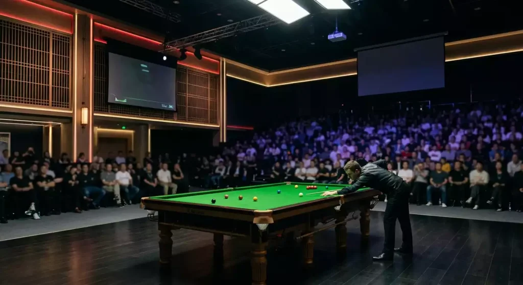 Mesa de snooker en torneo profesional con banderas chinas de fondo
