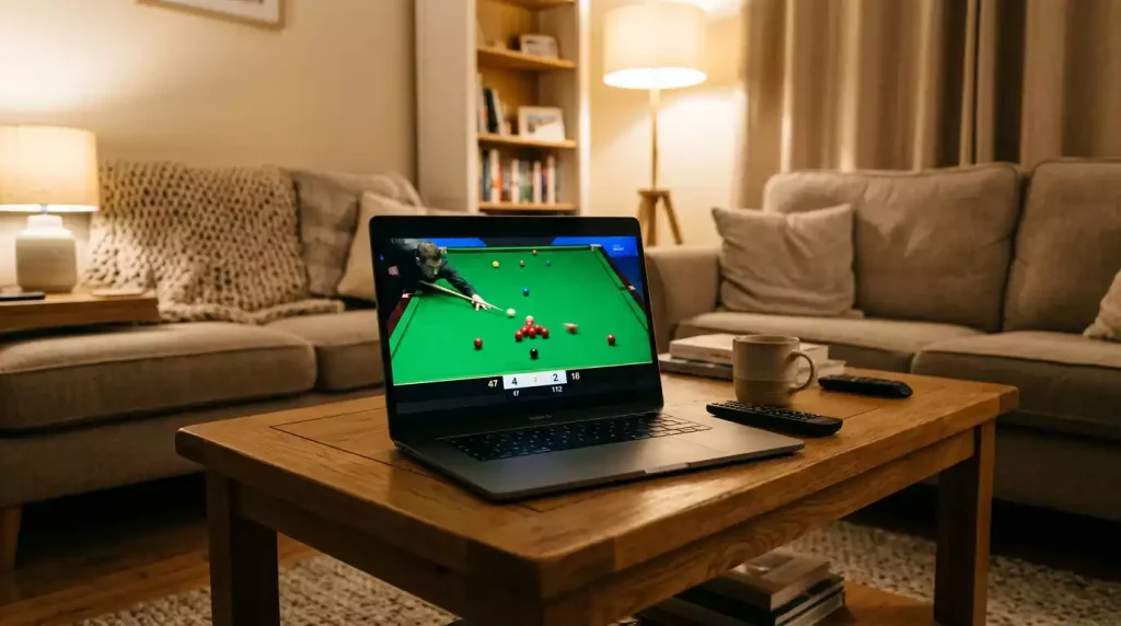 Pantalla de ordenador mostrando retransmisión en vivo de snooker