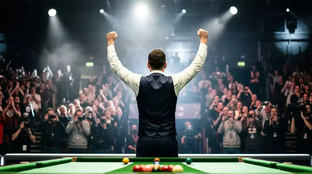 Jugador de snooker celebrando una victoria sorpresa en torneo