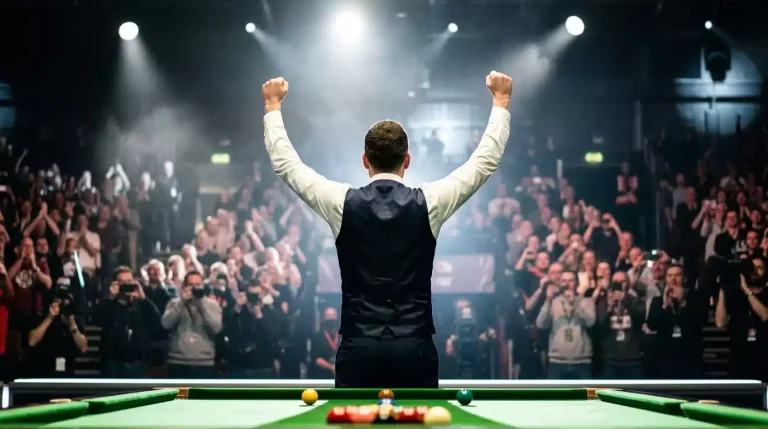 Jugador de snooker celebrando una victoria sorpresa en torneo